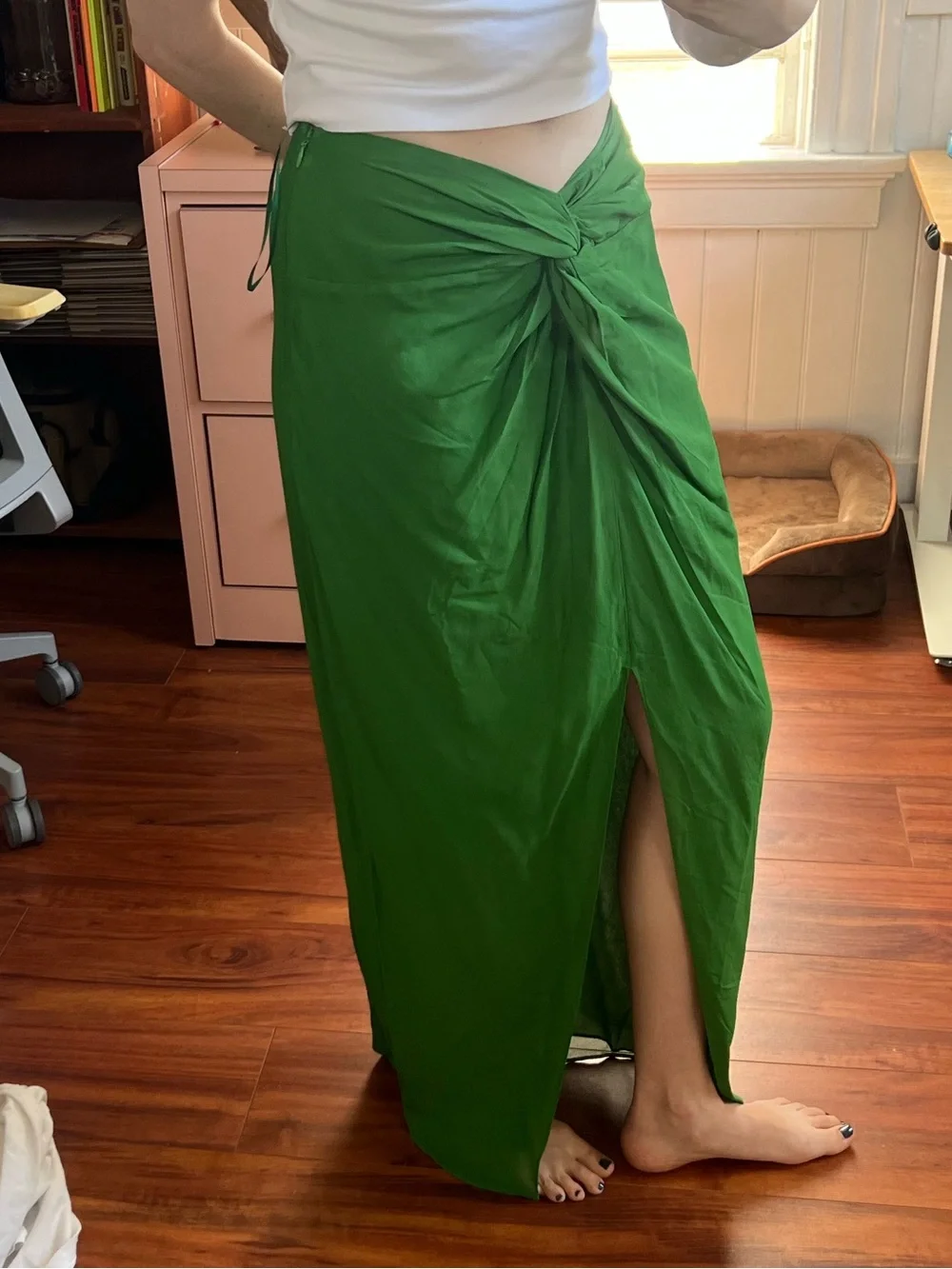 Reformation Alana Knot-Front Skirt in Kelly GreenMaxi Skirt